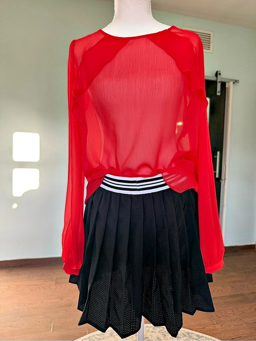 Red Sheer Ruffle Long Sleeve Blouse Like New